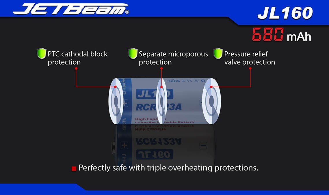 New Jetbeam 16340 680mAh 3.7V Protected Button Top Cell Rechargeable Battery