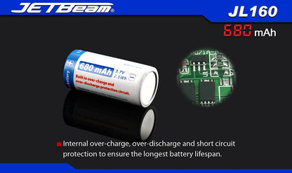 New Jetbeam 16340 680mAh 3.7V Protected Button Top Cell Rechargeable Battery