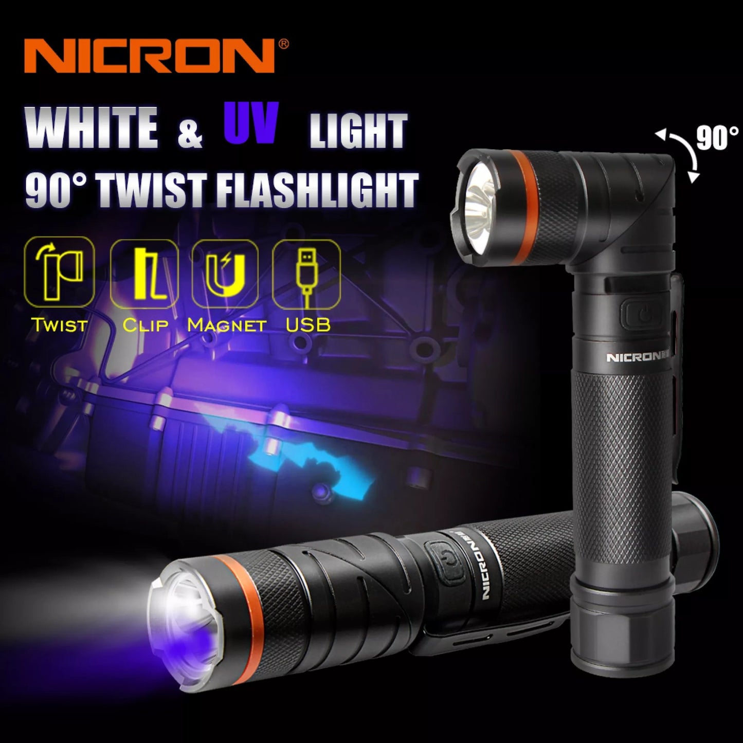 New Nicron B75 USB Charge 1000 Lumens 395nm UV LED Flashlight Torch (NO Battery)