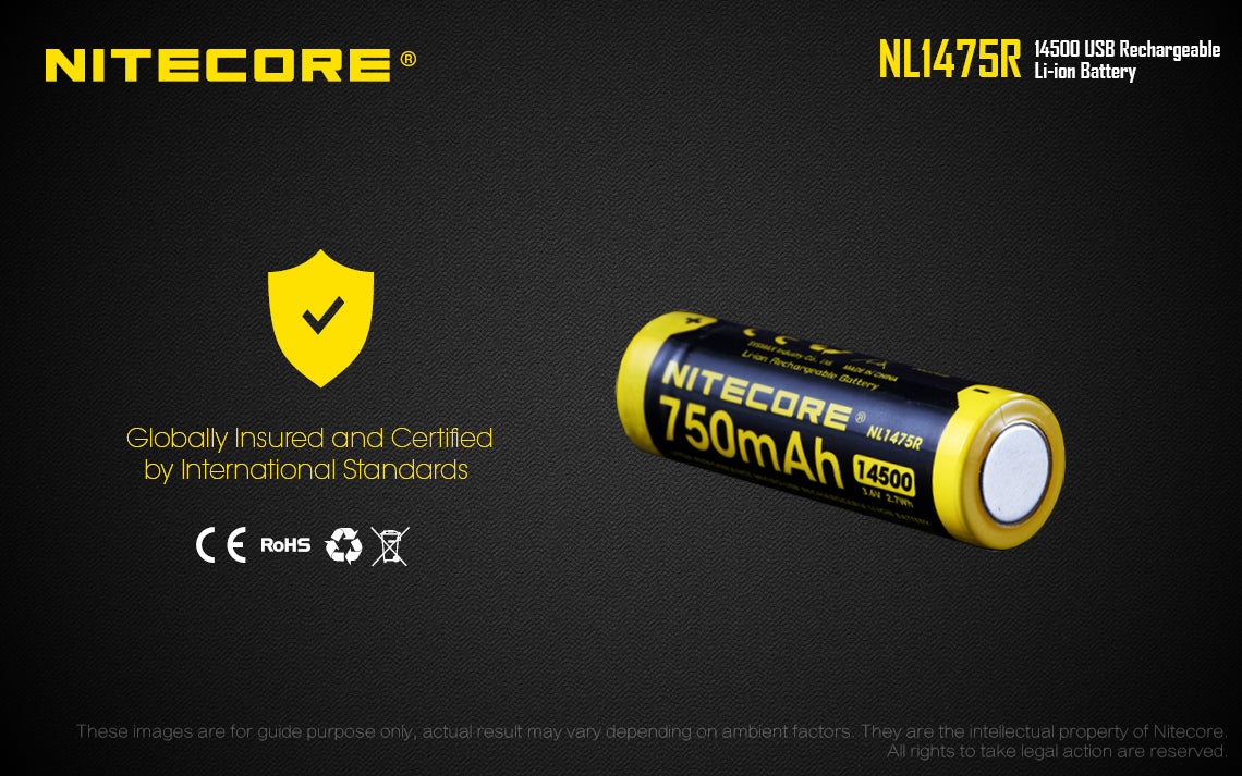 New Nitecore NL1475R 14500 750mAh 3.6V USB Charge Protected Button Top Battery