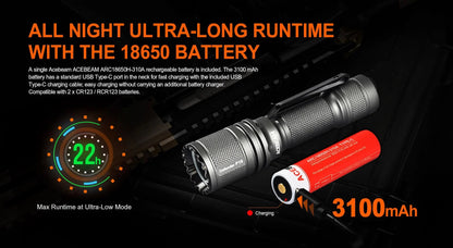 New AceBeam DEFENDER P16 Gray USB Charge 1800 Lumens LED Flashlight Torch