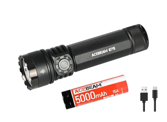 New AceBeam E75 Black ( 5000K ) USB Charge 3000 Lumens LED Flashlight Torch