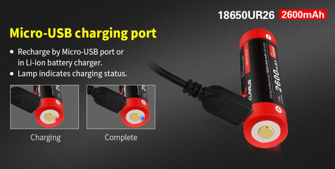 New Klarus 18650UR26 18650 2600mAh 3.6V USB Protected Rechargeable Battery Cell