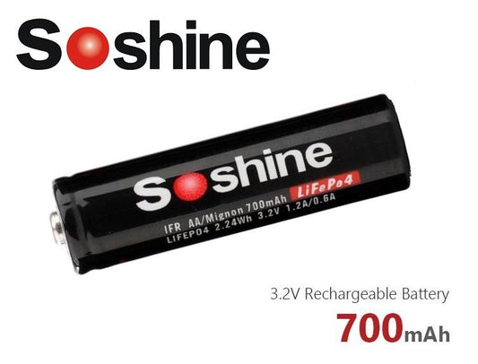 New Soshine 14500 700mAh 3.2V LiFePo4 Rechargeable Battery Cell