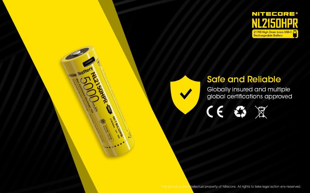 New Nitecore NL2150HPR 21700 5000mAh 15A USB 3.6V Protected Rechargeable Battery