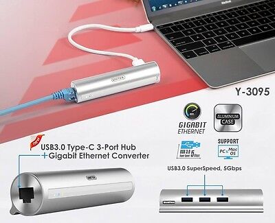 New Unitek Y-3095 USB-C USB 3.1 3 Port USB Hub, 1000M Gigabit Lan Ethernet Port